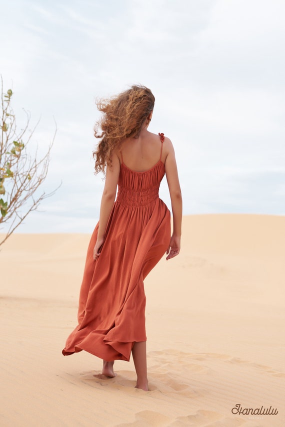 Linen Maxi Dress: Burnt Orange, Smocked Bodice - Etsy Linen Maxi Dress: Burnt Orange, Smocked Bodice - Etsy