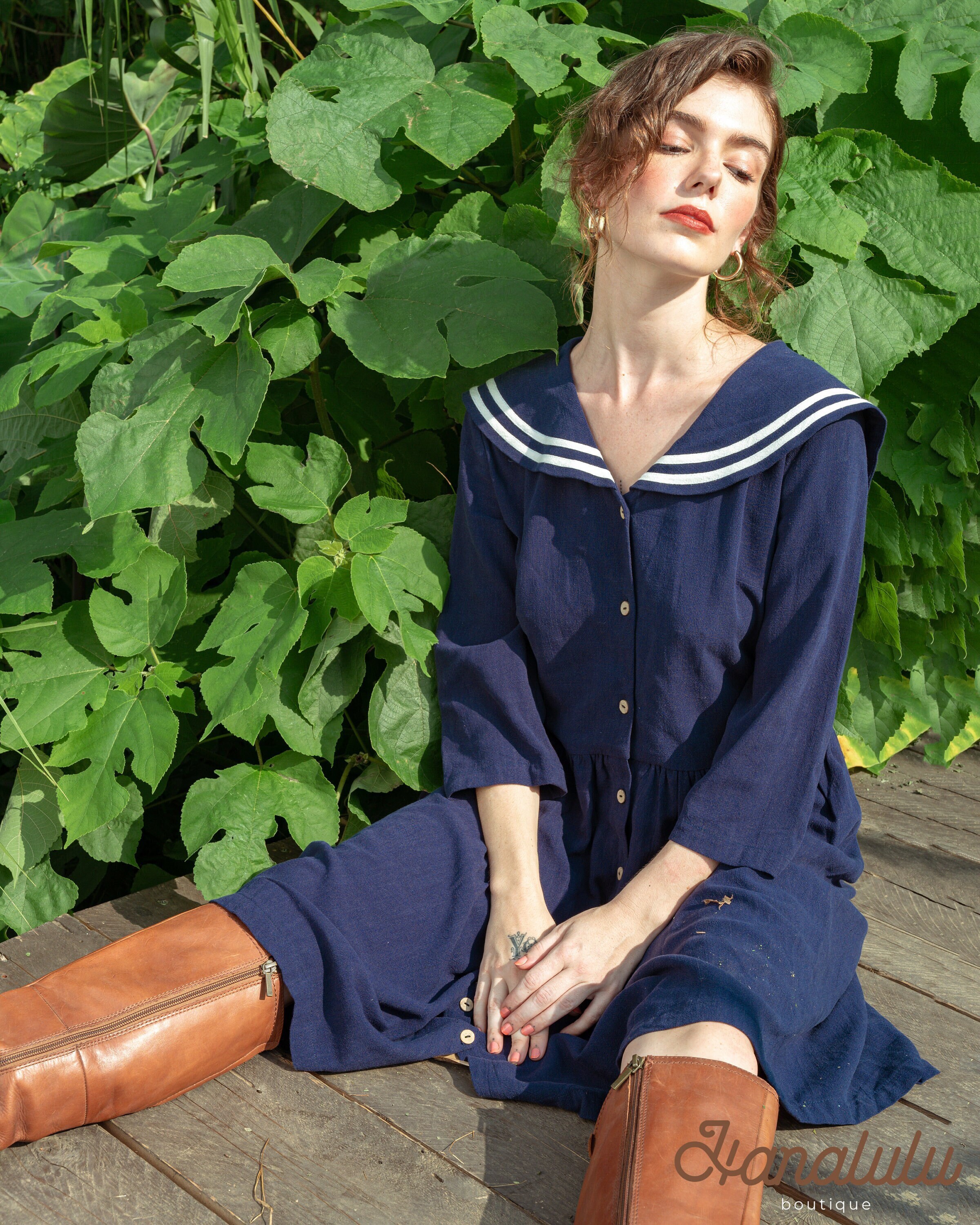 chinese dress ladies Maxi Sailor Dress Soft Linen Navy 3X / Navy