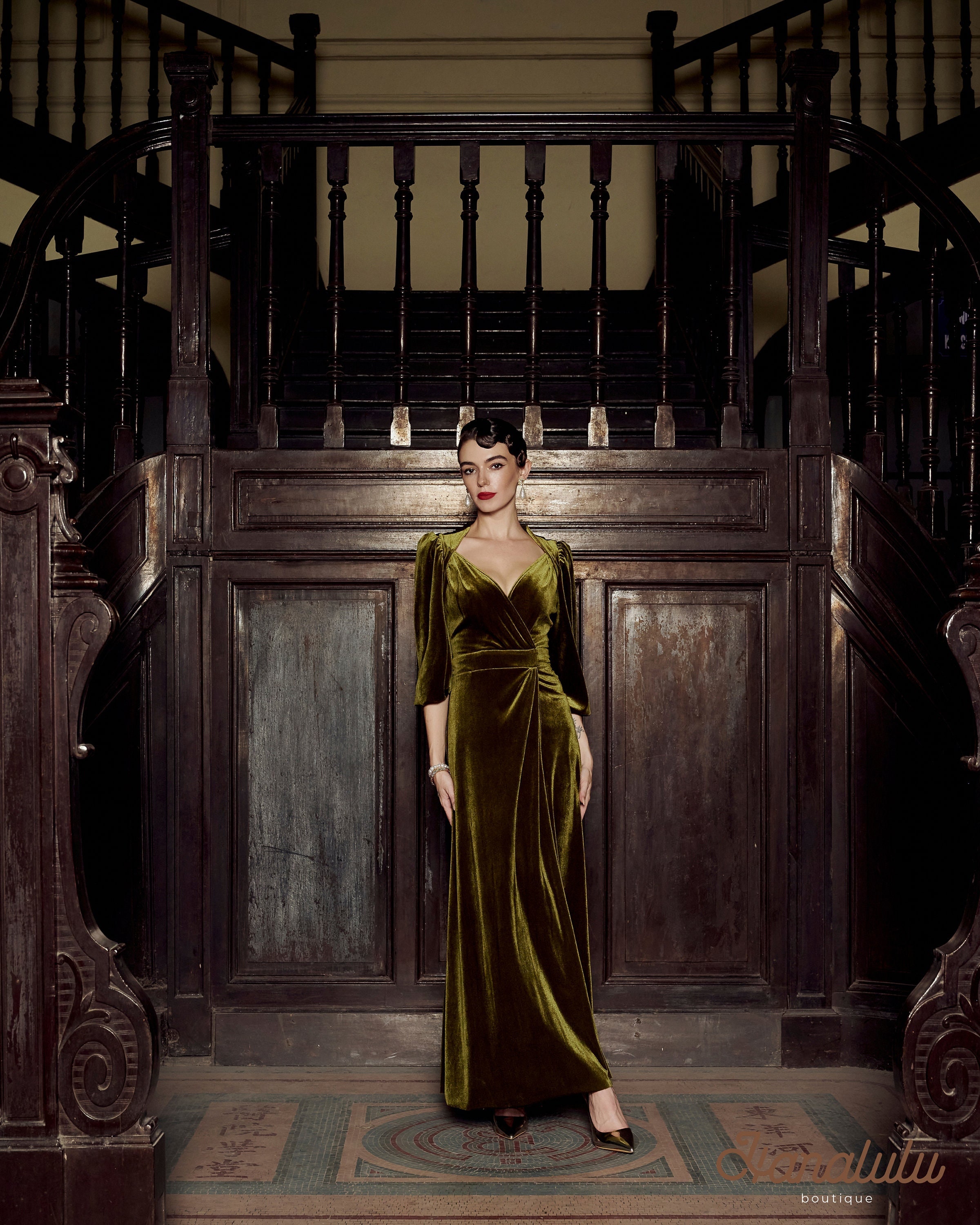 Velvet Dress V Neck Wrap Style-Velvet Floor Length Gown-Velvet Deep V Neck 3/4 Sleeve Wrap Style Deep Classic V Neck Evening Formal Gown