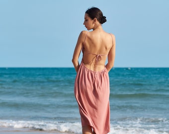 Linen Backless Dress-Bareback with Ruffle Backline-Linen Beach Dress-Linen Midi Women Summer Dress
