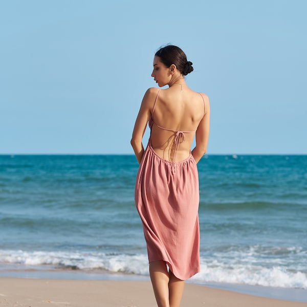 Linen Backless Dress-Bareback with Ruffle Backline-Linen Beach Dress-Linen Midi Women Summer Dress