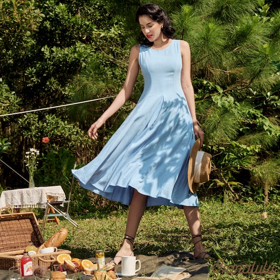 fit and flare casual dress for women Blue Printed Cotton Fit and Flare Dress main image 1