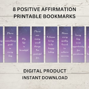 8 Positive Affirmation Printable Bookmarks, Self-Love Bookmarks, Mindset Bookmarks, Growth Mindset, Mindset Gifts, Positivity Bookmarks