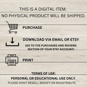 May include: A digital download instruction graphic with a shopping cart, download arrow, and printer icon. The text reads "This is a digital item. No physical product will be shipped. Purchase. Download via email or Etsy (Go to the purchases and reviews section of your Etsy account). Print. Terms of use: Personal or educational use only. Please don't resell, modify or redistribute."