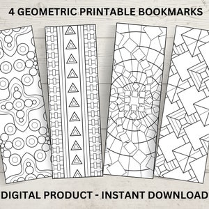 May include: Four printable bookmarks with geometric designs. Each bookmark features a different black and white pattern, including circles, triangles, and squares.