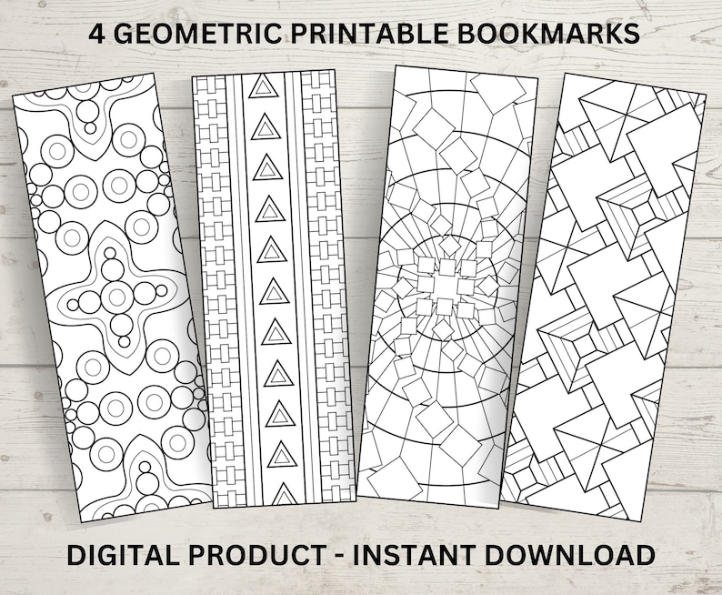 May include: Four printable bookmarks with geometric designs. Each bookmark features a different black and white pattern, including circles, triangles, and squares.