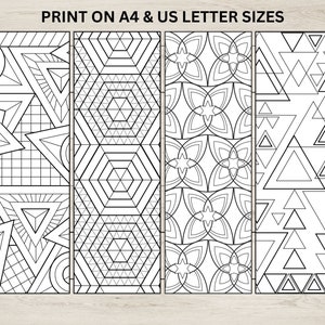 May include: Four black and white geometric patterns, suitable for printing on A4 and US letter sizes. The patterns are made up of triangles, hexagons, and circles.