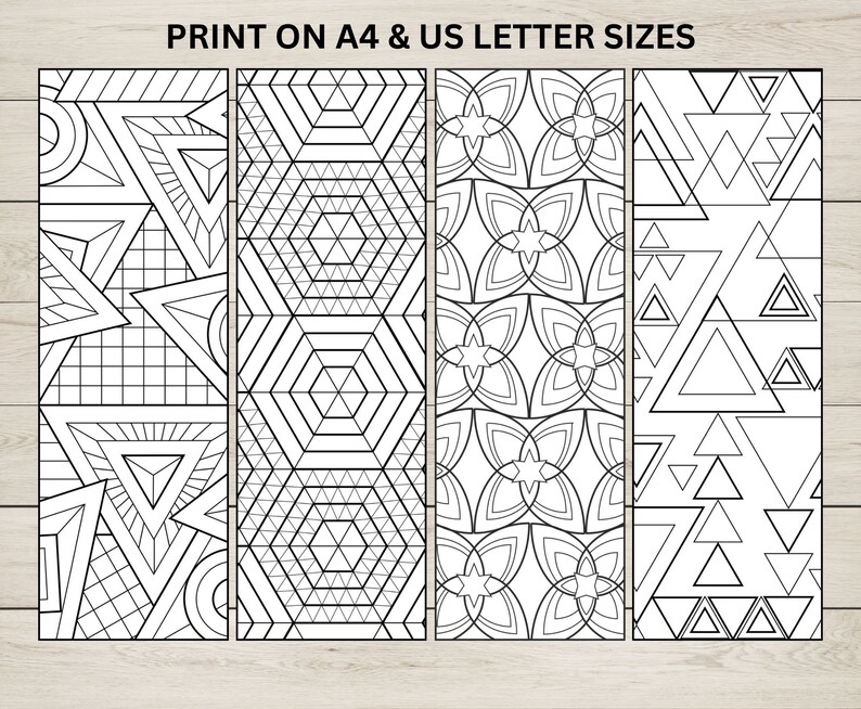 May include: Four black and white geometric patterns, suitable for printing on A4 and US letter sizes. The patterns are made up of triangles, hexagons, and circles.