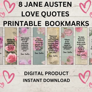 8 Marcadores imprimibles de Jane Austen, Citas de amor de Jane Austen, Regalos de Jane Austen, Regalo de amante de los libros, Regalo de orgullo y prejuicio, Regalo de Mansfield Park