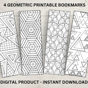 May include: Four printable bookmarks featuring geometric patterns in black and white. The patterns include triangles, hexagons, and other geometric shapes. The bookmarks are designed for coloring.