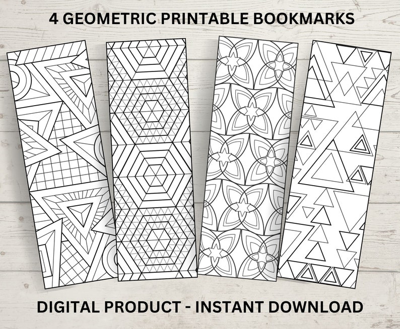 May include: Four printable bookmarks featuring geometric patterns in black and white. The patterns include triangles, hexagons, and other geometric shapes. The bookmarks are designed for coloring.