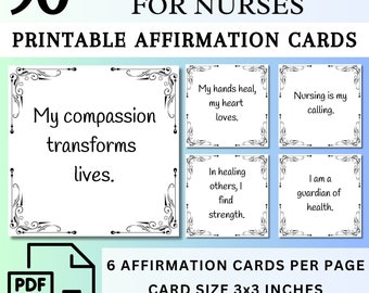 May include: Printable affirmation cards for nurses. The cards feature black and white ornate frames with inspirational quotes for nurses. The text on the cards includes: "My compassion transforms lives", "My hands heal, my heart loves", "Nursing is my calling", "In healing others, I find strength", and "I am a guardian of health". The cards are designed to print on A4 or US letter paper, with 6 cards per page. Each card is 3x3 inches.