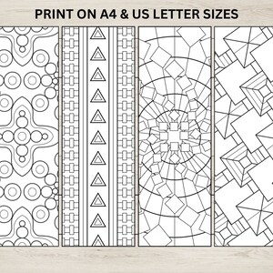 May include: Four printable bookmark designs with geometric patterns in black and white.  The designs include circles, triangles, squares, and lines.  Print on A4 & US Letter sizes.