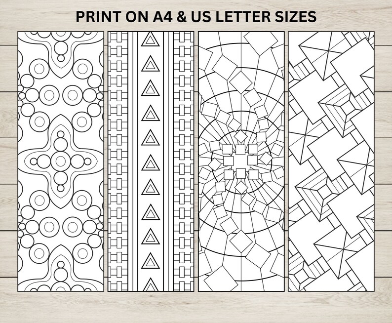 May include: Four printable bookmark designs with geometric patterns in black and white.  The designs include circles, triangles, squares, and lines.  Print on A4 & US Letter sizes.
