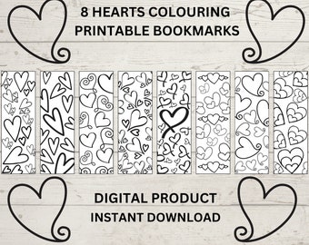 Hearts Printable Colouring Bookmarks, Valentine Bookmarks, Adult Colouring, Romance Bookmark, Love Bookmarks, Book Worm Gifts, Print At Home