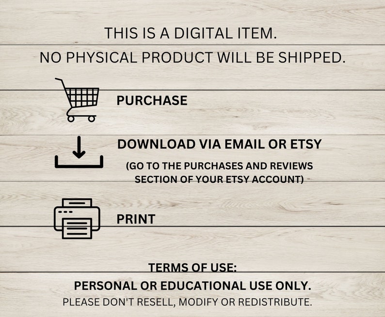 May include: A digital download instruction graphic with a shopping cart, download arrow, and printer icon. The text reads "This is a digital item. No physical product will be shipped. Purchase. Download via email or Etsy (Go to the purchases and reviews section of your Etsy account). Print. Terms of use: Personal or educational use only. Please don't resell, modify or redistribute."
