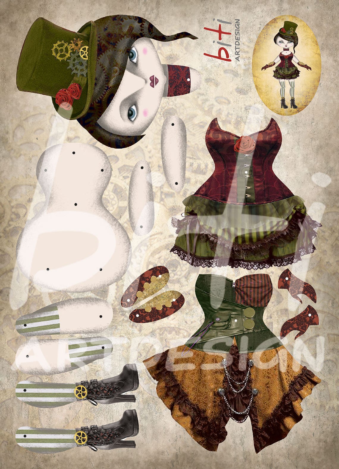 Articulated Paper Doll. Emily. Printable Paper Doll A3. Steampunk
