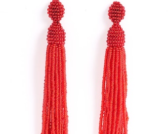 Clear Red Beaded Tassel Earrings, Oscar de la Renta Style Stud Earrings, Long Tassel Earrings, Statement Earrings, Drop Fringe, Boho Gift