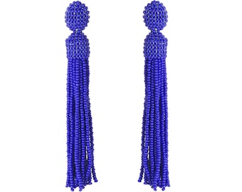 Royal Blue Beaded Tassel Earrings, Oscar de la Renta Style Stud Earrings, Long Tassel Earrings, Statement Earrings, Drop Fringe, Boho Gift