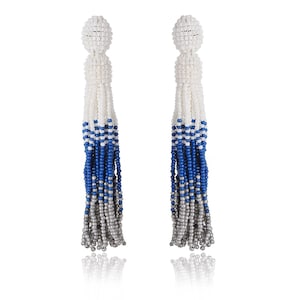 White Blue and Gray Beaded Tassel Earrings, Oscar de La Renta Earrings, Seed Beads Earrings, Long Fringe Statement Stud Earrings, Women Gift