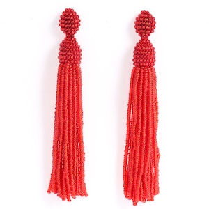 Clear Red Beaded Tassel Earrings, Oscar de la Renta Style Stud Earrings, Long Tassel Earrings, Statement Earrings, Drop Fringe, Boho Gift