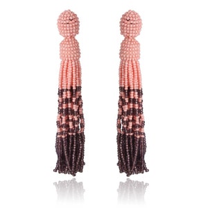 Pink and Clear Purple Beaded Tassel Earrings for Women, Oscar de La Renta Earrings, Seed Beads Earrings, Long Fringe Statement Stud Earrings
