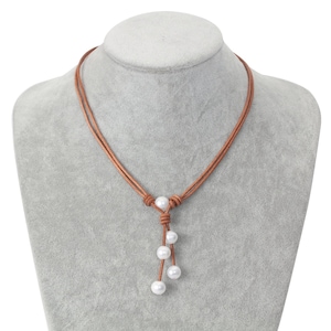 Pearl Leather Necklace, Drop Dangle Pearl Tassel, 2 Rows Leather, Lariat, Vegan, Hand Knotted, Wedding, Boho, Delicate Gift, Handmade