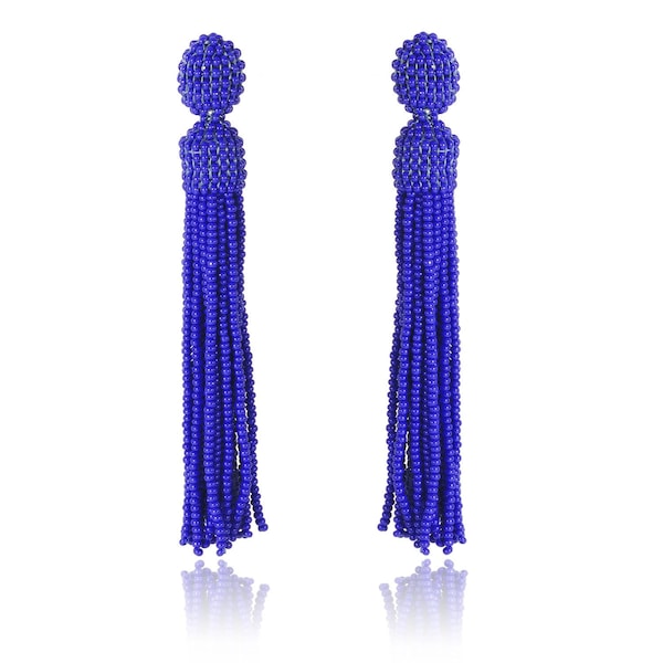 Royal Blue Beaded Tassel Earrings, Oscar de la Renta Style Stud Earrings, Long Tassel Earrings, Statement Earrings, Drop Fringe, Boho Gift