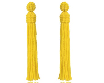 Yellow tassel earrings, beaded tassel earrings in Oscar de La Renta style, Long Tassel Earrings, Dangle Drop Studs Earring, Gift