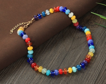 Rainbow Gemstone Knotted Necklace, Multi Color Candy Beaded Necklace, Adjustable Necklace, Gift for Her, Summer Jewelry, Handmade