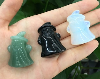 1.5" Crystal Ghost with Witch Hat Statue, Halloween Crystal, Hand Carved Ghost Figurine, Home Decoration, Crystal Gift, Wholesale