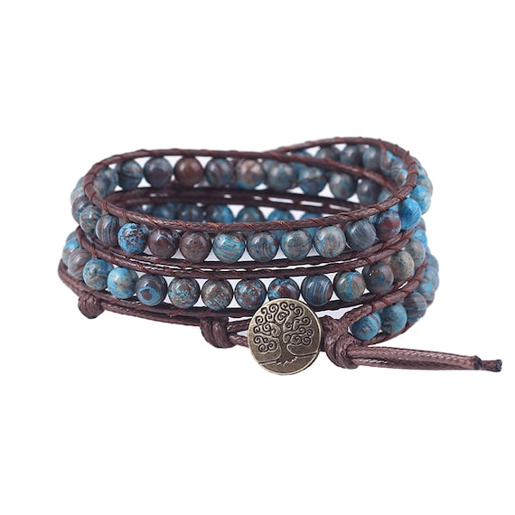 Blue Sky Jasper Beaded Leather Wrap Bracelet for Women, Tree of
