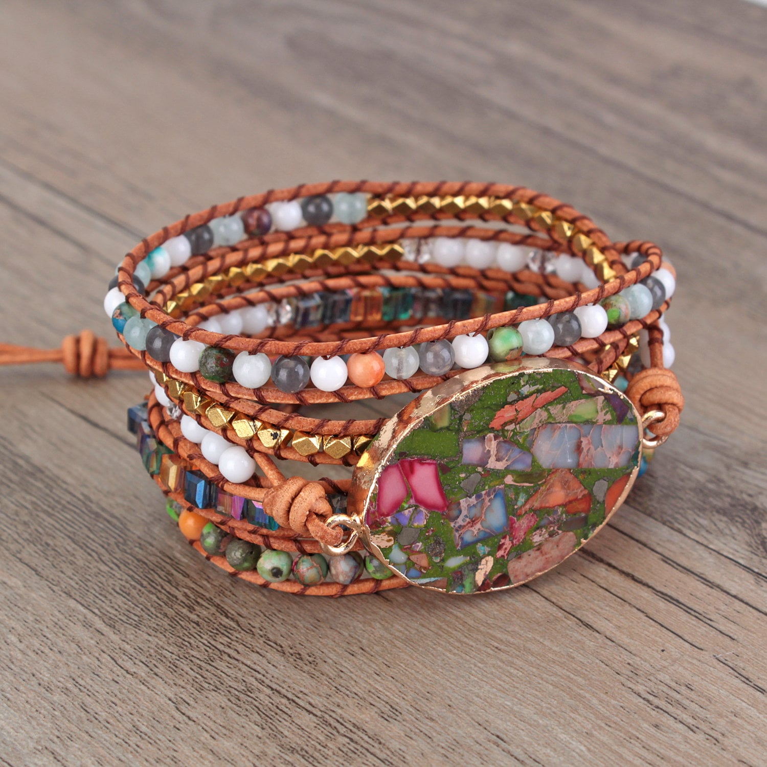 Beaded Leather Wrap Bracelet for Women, 4mm Rainbow Imperial
