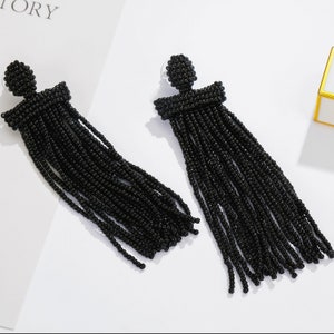 Black/Blue/Gray Beaded Tassel Earrings, Oscar de la Renta Style, Long Tassel Statement Earrings, Dangle Drop Stud Earrings, Women Gift