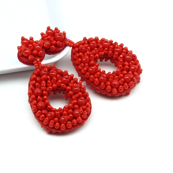 Red Beaded Earrings for Women, Teardrop Statement Earrings, Boho, Ethnic Dangle Drop Stud Earrings, Handmade Jewelry, Weddings Gift