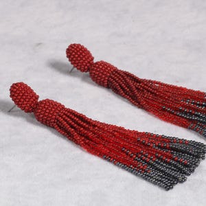 Red & Black Ombre Beaded Tassel Earrings, Oscar de La Renta Earrings, Handmade Seed Beads Earrings, Long Statement Stud Earrings, Women Gift