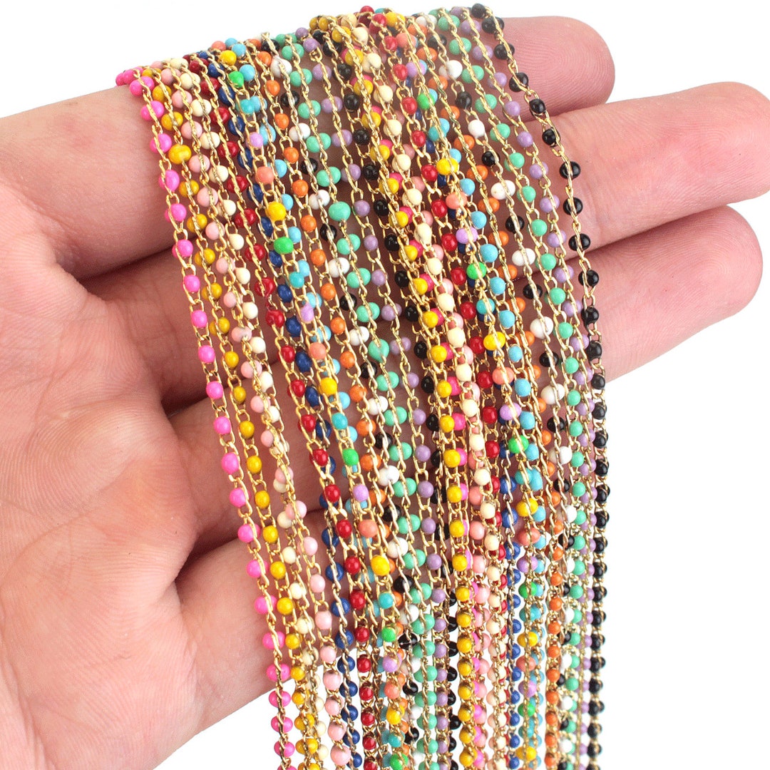 10 Meters, Copper Enamel Bead Chain, Plated Gold Rosary Chain, Multi