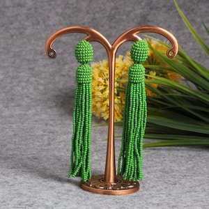 Grass Green Beaded Tassel Earrings, Oscar de La Renta Earrings, Handmade Seed Beads Earrings, Long Statement Stud Earrings, Women Gift