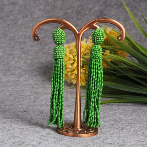 Grass Green Beaded Tassel Earrings, Oscar de La Renta Earrings, Handmade Seed Beads Earrings, Long Statement Stud Earrings, Women Gift