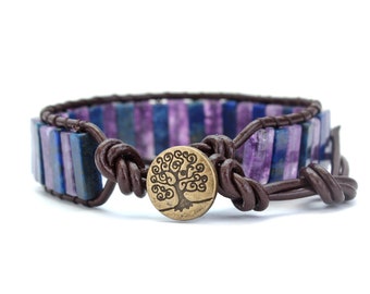 Lapis Lazuli Amethyst Perlen Wickelarmband, Leder Wickelarmband, Amethyst Balance Armband, Energieschutz, Heilkristall, Unisex