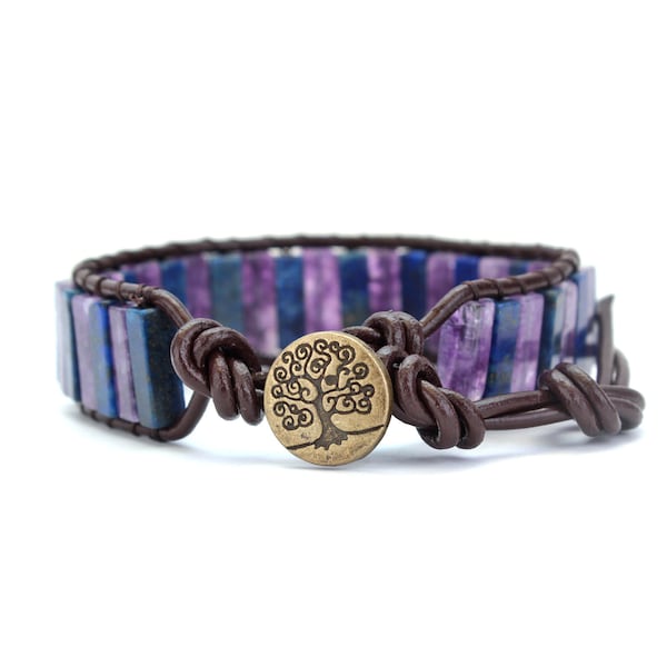 Bracelet d’emballage en perles d’améthyste Lapis Lazuli, bracelet d’emballage en cuir, bracelet d’équilibre en améthyste, protection énergétique, cristal cicatrisant, unisexe