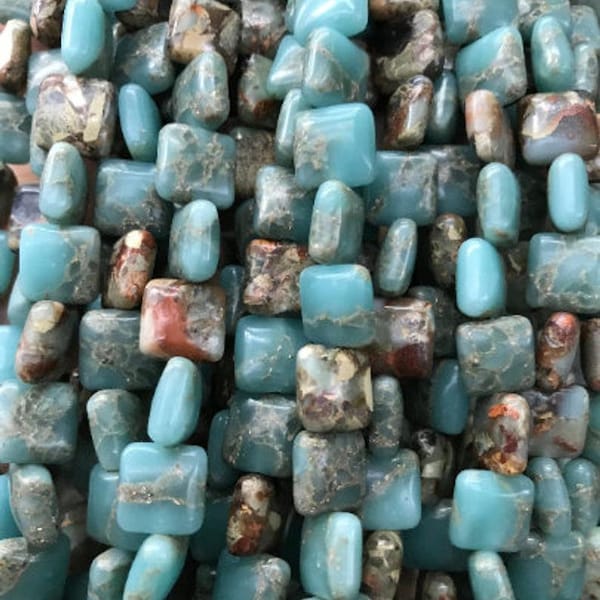 10mm Blue Snake Skin Jasper Flat Square Beads, Light Blue Impression Jasper Square Beads, Blue Aqua Terra Jasper, Jewelry Supply, Wholesale