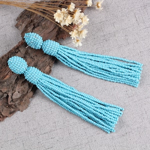 Sky Blue Beaded Tassel Earrings for Women, Oscar de La Renta Earrings, Handmade Seed Beads Earrings, Long Statement Stud Earrings