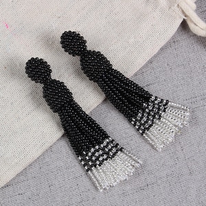 Black & Clear White Ombre Beaded Tassel Earrings, Oscar de La Renta Earrings, Seed Beads Earrings, Short Statement Stud Earrings, Women Gift
