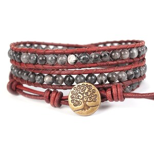 Pulsera de envoltura de cuero con cuentas de labradorita para mujer, piedra preciosa natural de 4 mm, pulsera de 3 envolturas, boho, joyería ajustable hecha a mano, regalo del festival