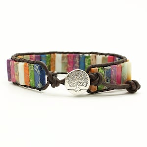 7 Chakra Healing Stone Bracelet, Rainbow Jasper Beaded Leather Wrap Bracelet, Yoga, Boho, Handmade Jewelry, Unisex