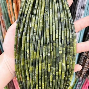 4*13mm Olive Green Jade Round Tube Beads, Green Cylinder Bead, Smooth beads, Wholesale, Findings