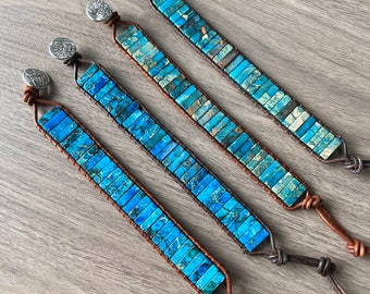 Blue Jasper Leather Wrap Bracelet, Dyed Imperial Jasper Beaded Bracelet, Handmade Jewelry, Mens Bracelet, Unisex, Gift, Wholesale