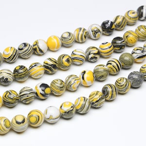 Yellow Malachite Round Beads, Smooth Beads, Mixed Colors Yellow White and Black Striped Beads, 4mm 6mm 8mm 10mm, Full Strand