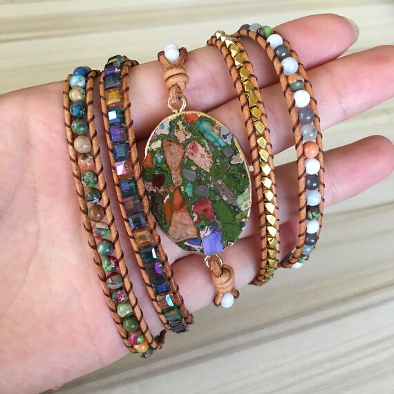Beaded Leather Wrap Bracelet for Women, 4mm Rainbow Imperial